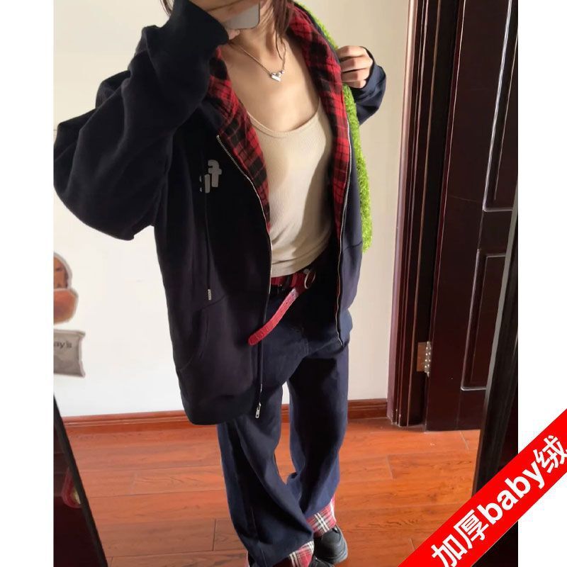 潮牌美式复古格纹拼接连帽开衫卫衣女oversize秋冬加绒慵懒风外套|undefined