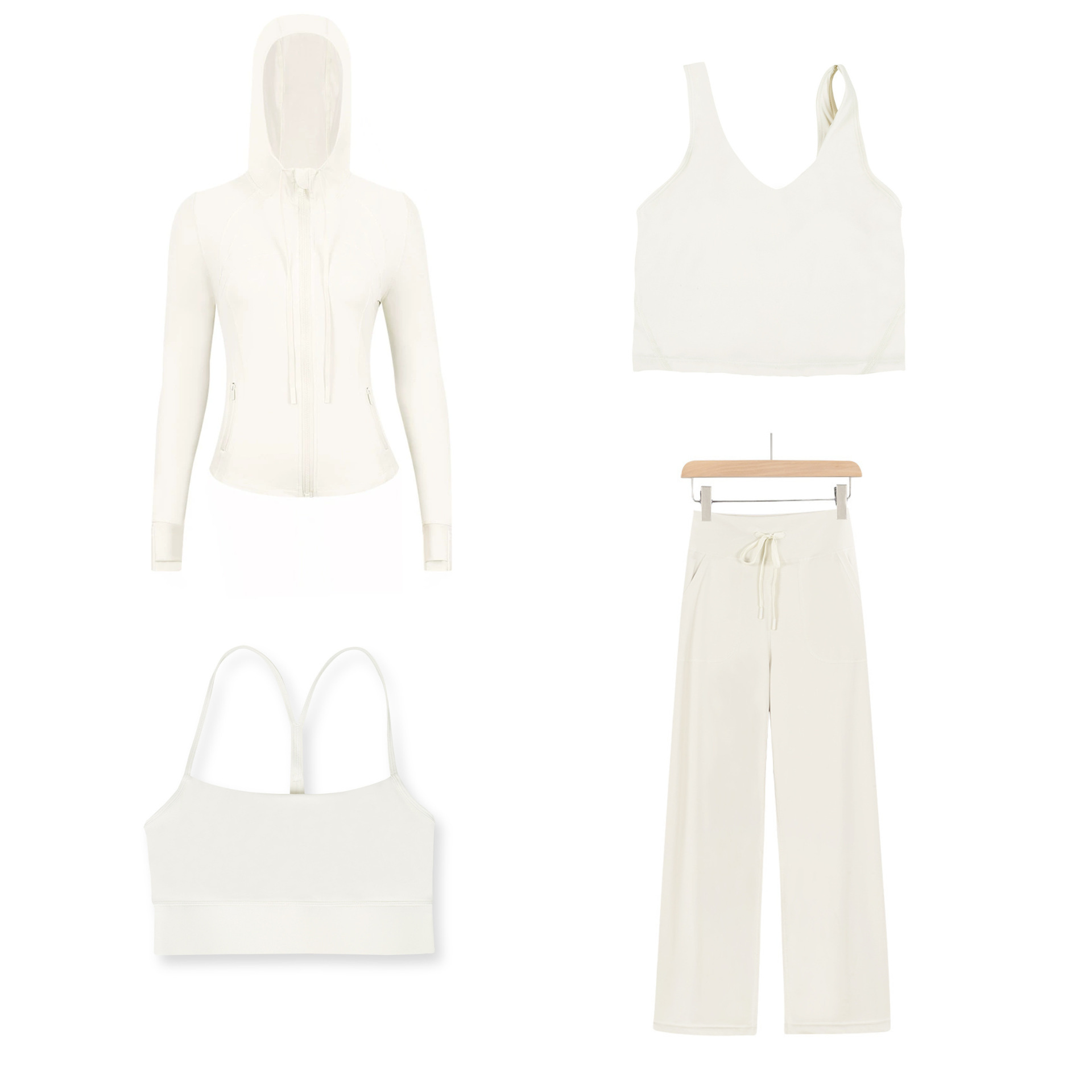 Dameskleding: Slim fit jasje met capuchon, Y-vormig vest, U-vormig vest en rechte broek, vierdelige set, elastische sportkleding_voghion.com