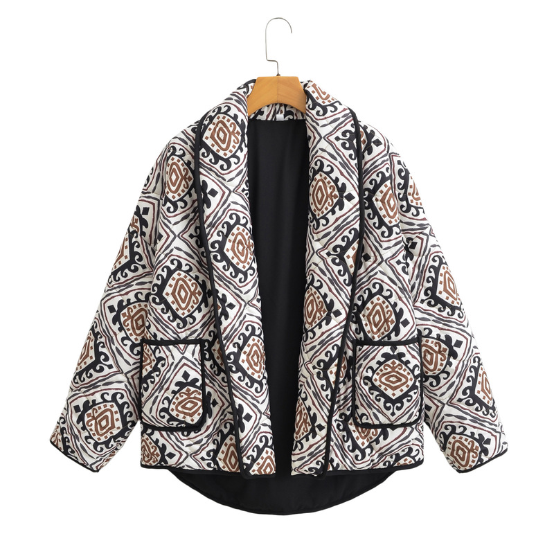 25 New Autumn and Winter Styles European and American Fashion Printed Fake Two-Piece Color-Blocking Small Stand-Collar Cotton Jacket