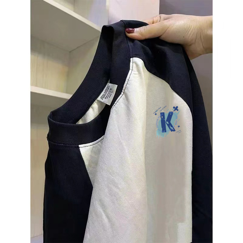 アメリカのレトロな色の肩の長袖の綿のtシャツの男性の秋のファッションのブランドのinsのゆったりしている底のシャツのカップルの上で服を着ます。|undefined