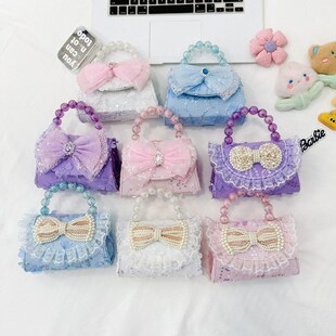 Princess Pearl Handbag Cute Little Girl Coin Purse Western Style Lace Shoulder Crossbody Bag Bow Crossbody Bag