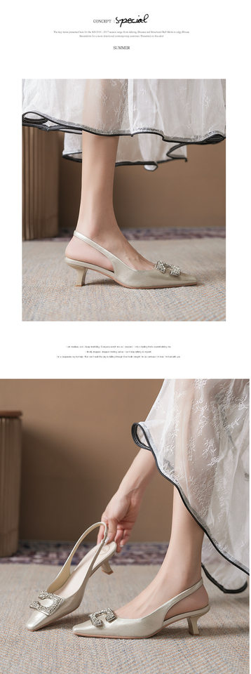 Sandal nữ bít mũi hở gót gót vuông đính đá khóa vuông, gót 3–6 cm — Màu bạc, Màu hồng nhạt, Vàng nhạt chi tiết 11