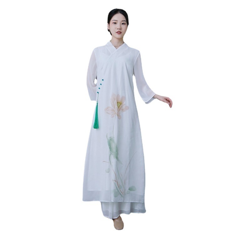 中国風改良レースアップ斜め襟禅茶服文学レトロ長袖シフォンドレスワイドレッグパンツスーツ|undefined