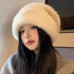 大头围加绒加厚兔毛毛线帽秋冬甜美百搭保暖帽显脸小护耳堆堆帽新