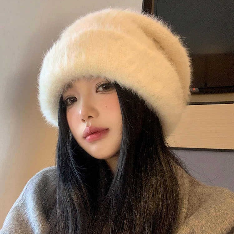 大头围加绒加厚兔毛毛线帽秋冬甜美百搭保暖帽显脸小护耳堆堆帽新|undefined