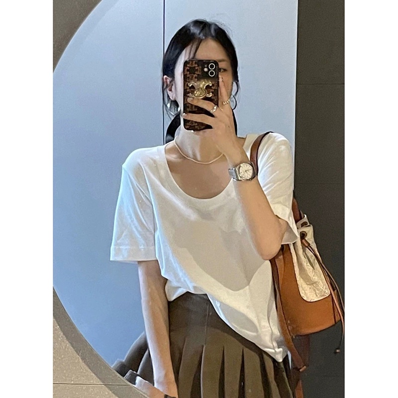 Летняя белая футболка с короткими рукавами и U-образным вырезом больших размеров для женщин, новинка 2025 года, очень большой свободный топ