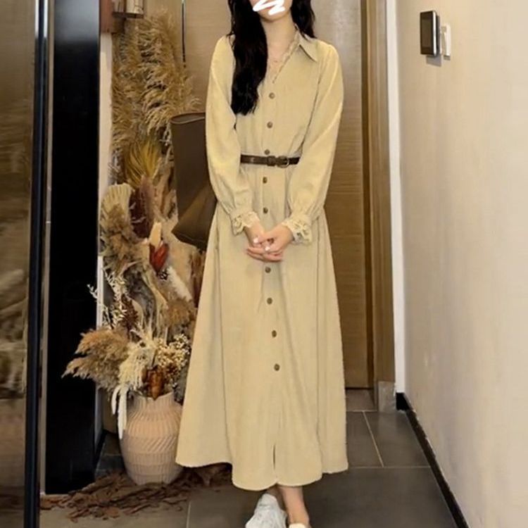 法式感V领花边长袖衬衫连衣裙子女早秋新款收腰显瘦气质长裙|undefined