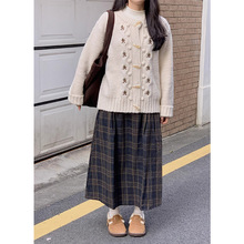 日系风来袭森系开衫牛角扣外套搭配格纹半裙早秋季两件套超显个性