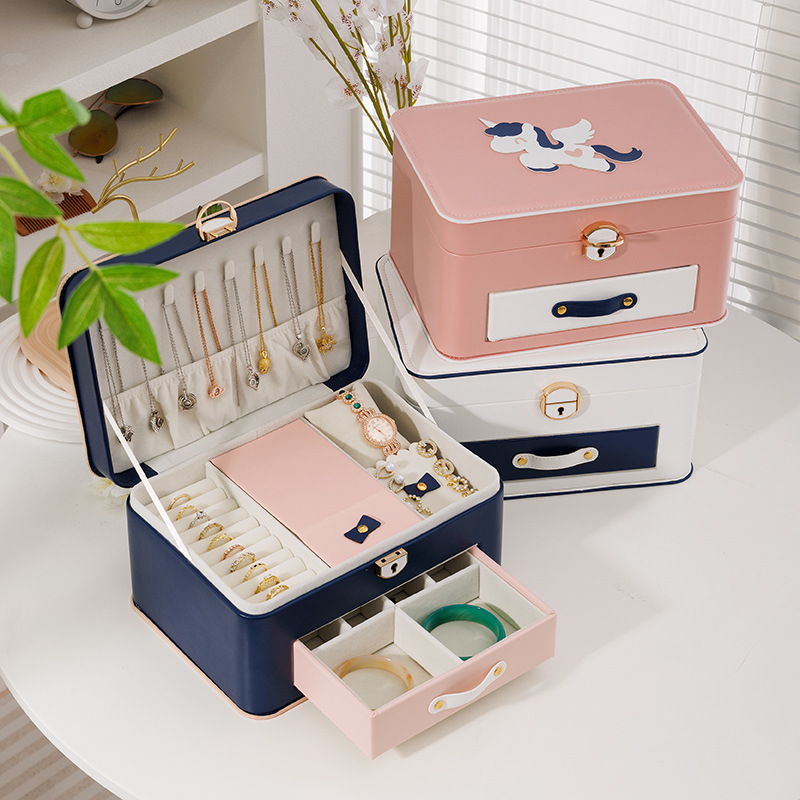 Pony unicornio de múltiples capas joyero grande joyero joyero joyero caja de aros collar pulsera caja de almacenamiento de joyas con cerradura