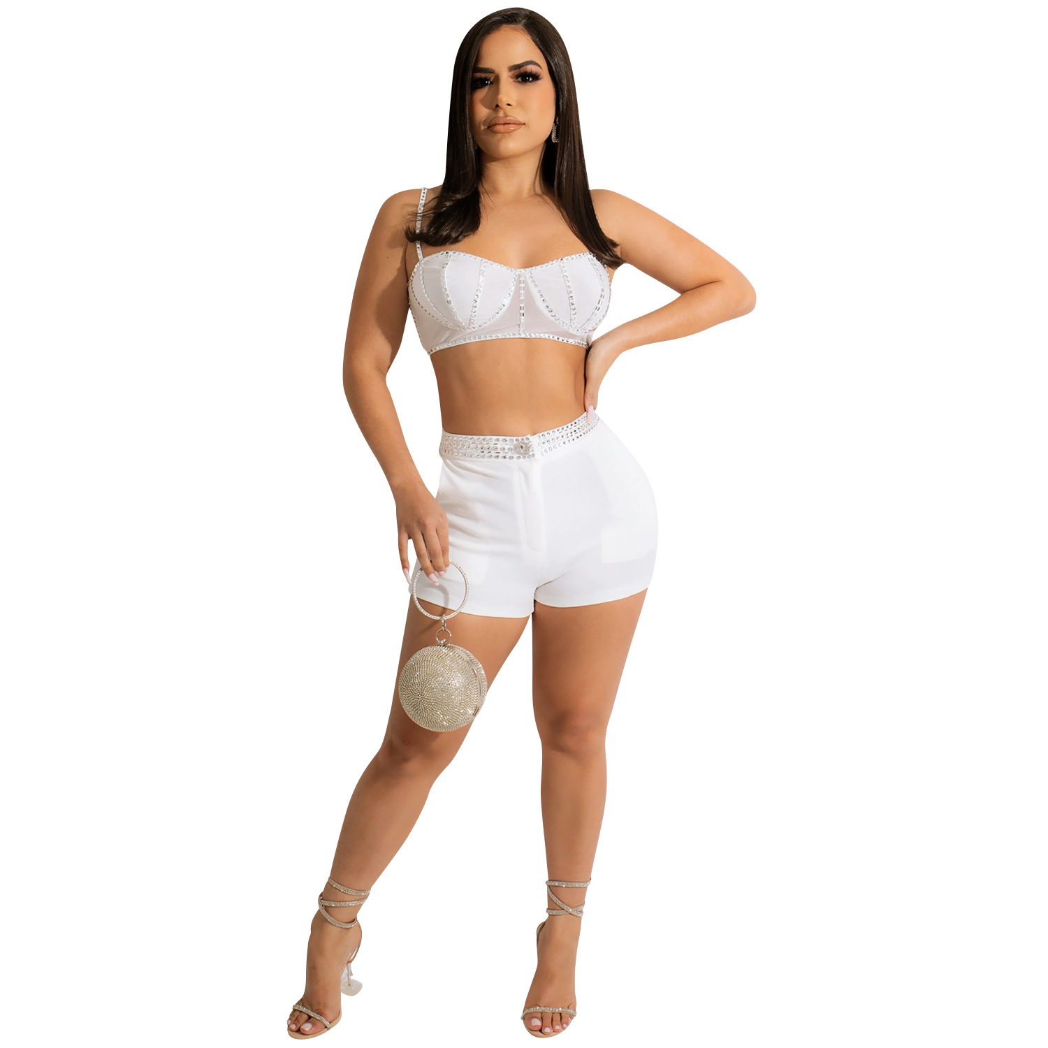 X5676 transfronteriza AliExpress Amazon Europa y América nueva correa de diamantes de imitación caliente cremallera chaleco en el pecho pantalones cortos de dos piezas conjunto