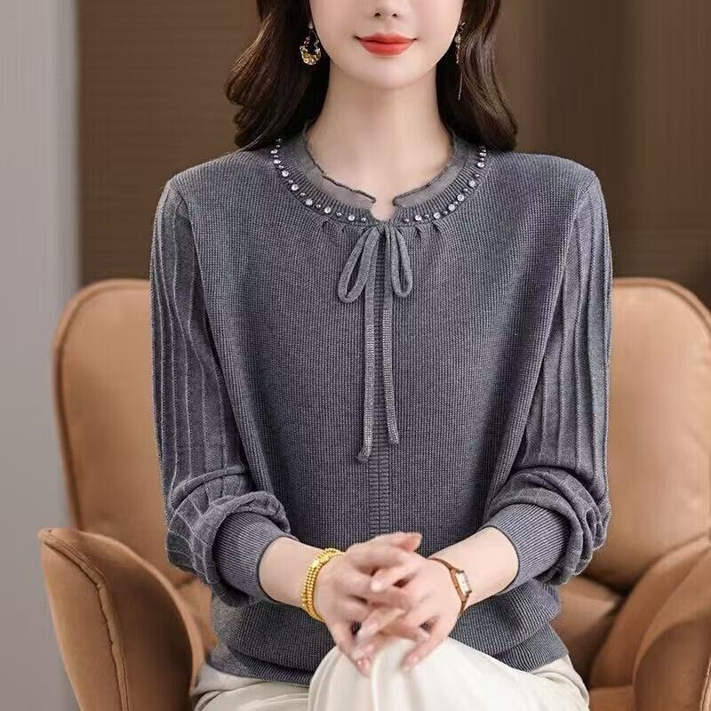 2026 Spring and Autumn Elegant Mother's Fashion New Lace Patchwork Sweater for Women with Beaded Design Knitted Top 2026 Spring and Autumn Elegant Mother's Fashion New Lace Patchwork Sweater for Women with Beaded Design Knitted Top