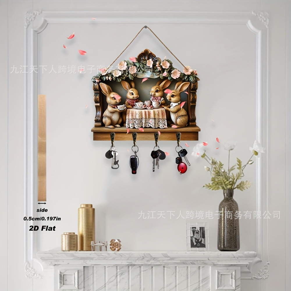 Acrílico 2D plano de madera primavera de Pascua conejo llave gancho decoración de pared retro nostálgica