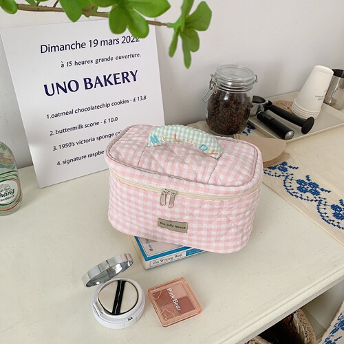 25252 Small fresh macaron plaid cosmetic bag cotton large capacity portable storage bag toiletry bag for women