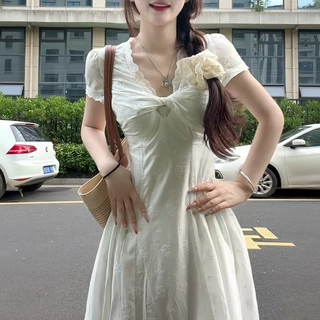 提花纯棉面料+内里+拉链 长短两版连衣裙V领扭结镂空绣花短袖白裙