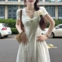 镂空v领长短短袖连衣裙