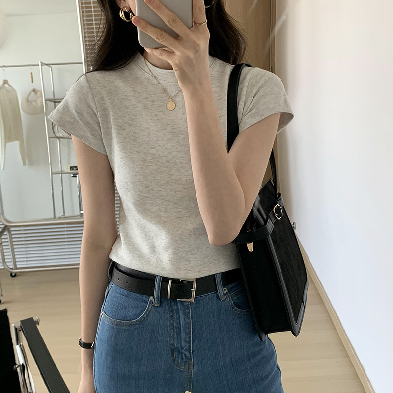 Women's Korean-style round neck short-sleeved T-shirt, slim fit top, 2024 Summer new design