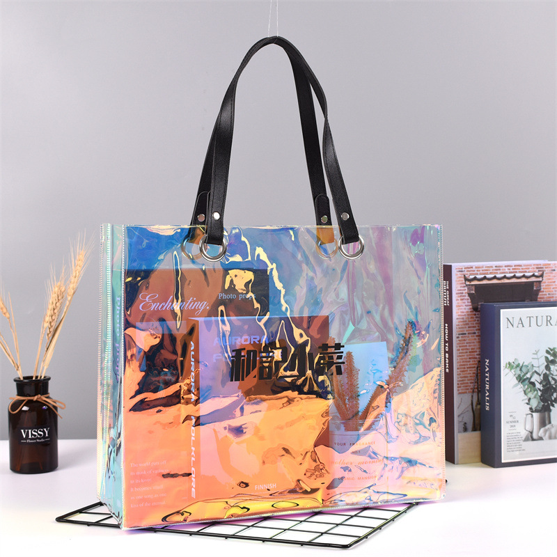 PVC镭射手提袋定购logo幻彩ins透明果冻购物袋TPU礼品化妆包装袋