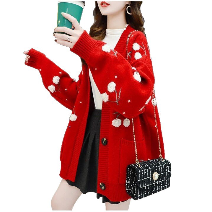 Suéter de viento perezoso chaqueta de mujeres otoño y invierno 2025 nueva moda suelta jacquard de cereza cardigan de punto largo medio image 6