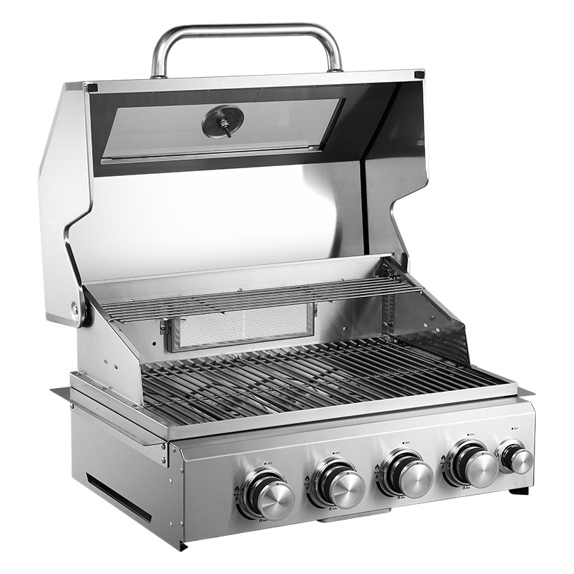 Directo de fábrica de acero inoxidable incrustado Parrilla de barbacoa al aire libre Villa humo barbacoa parrilla estufa de cuatro cabezas cubierta superior ventana de vidrio