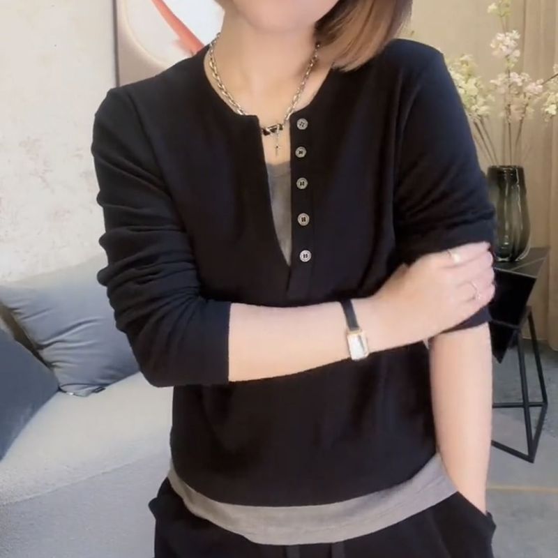 2025年秋季气质假两件长袖t恤女百搭打底休闲小衫女|undefined