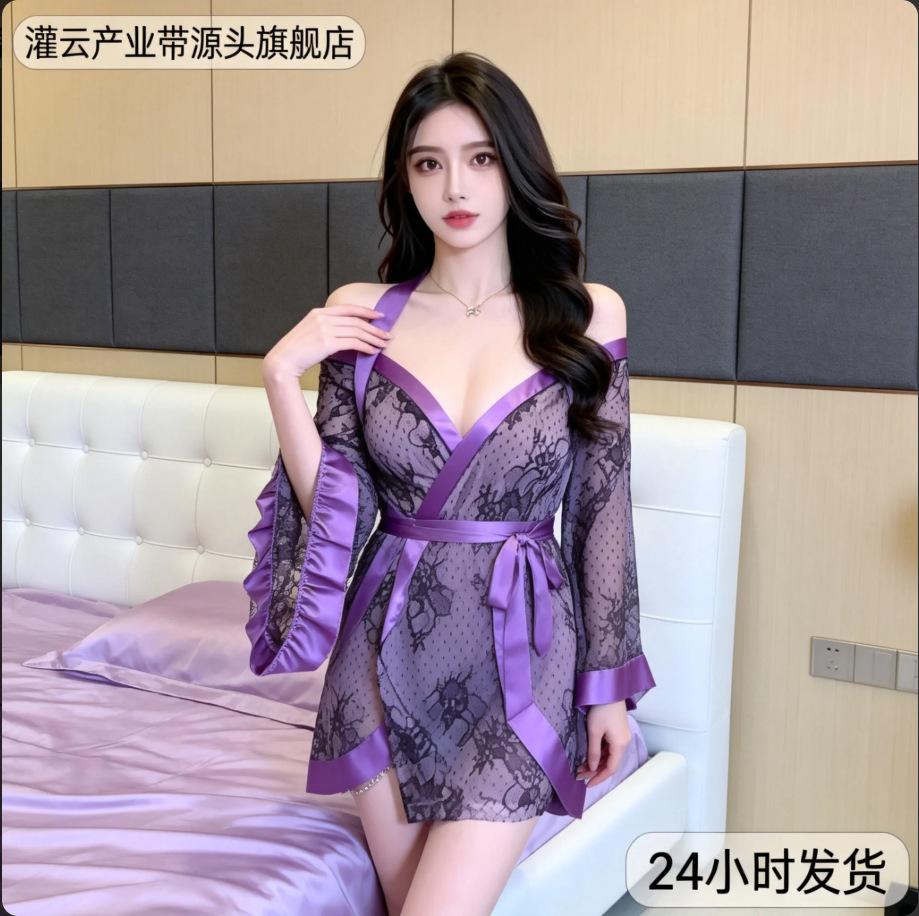 紫色纯欲情趣内衣和服浴袍装制服诱惑印花日系蝴蝶结性感睡衣