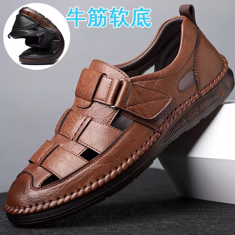 Genuine Leather Sandals Men's Ox-tendon Bottom Hollow Breathable Leather Sandals Men's Middle-aged and Elderly Lightweight Handmade Line Hole Shoes for Men