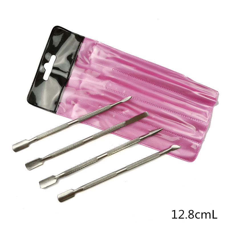 Acero inoxidable manicure acero empuje 4 piezas conjunto tenedor de piel muerta doble cabeza pequeño acero empuje esmalte de uñas cuchillo de eliminación de uñas empuje de piel muerta spot