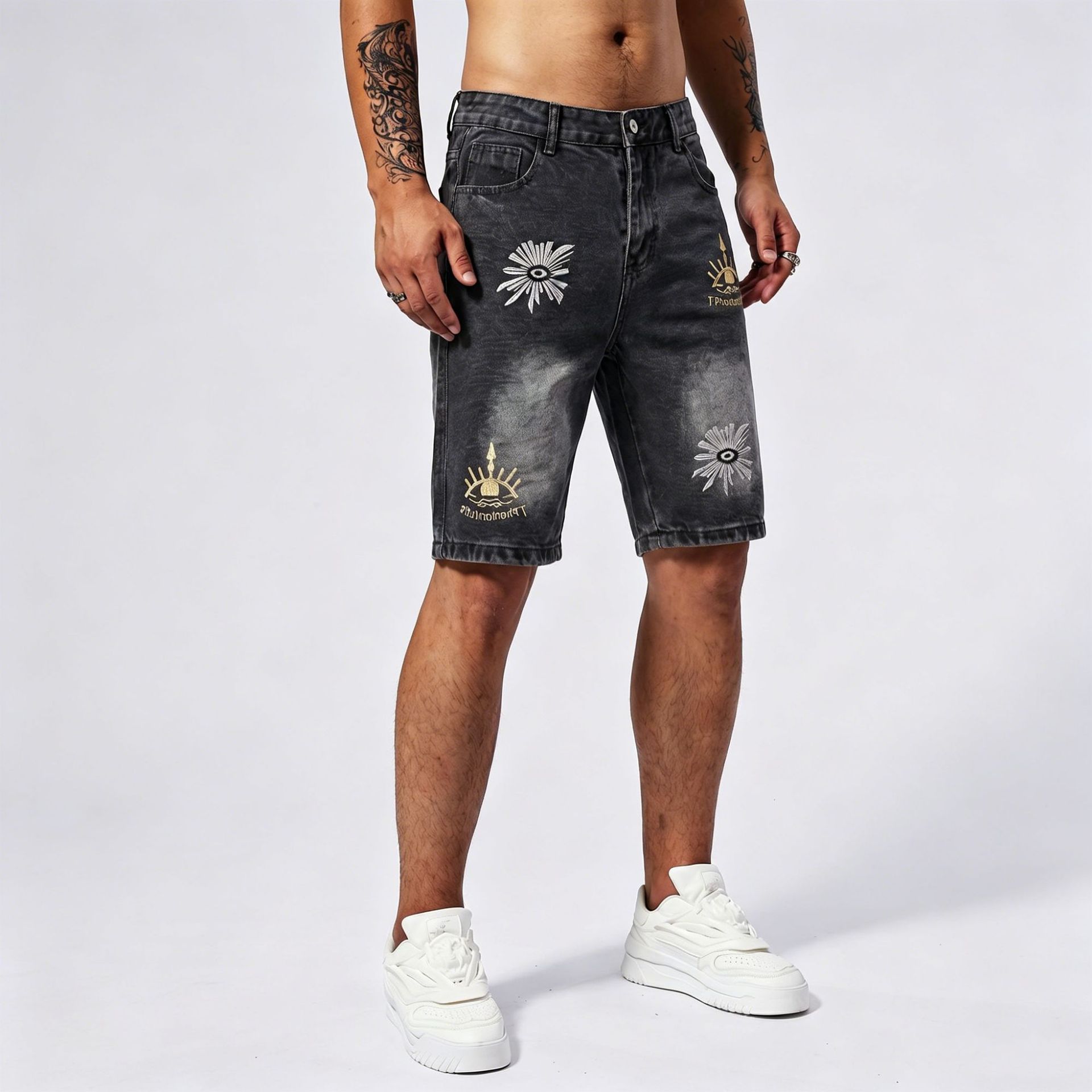 Men's Distressed Denim Shorts All-Seeing Eye Print American Streetwear Style Summer Baggy Cargo Jeans_mkmklike.com