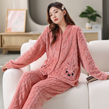 小熊睡衣女秋冬季法兰绒季长袖加绒加厚外穿珊瑚绒保暖家居服套装