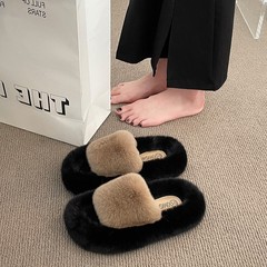 厚底ツートンカラーの毛皮のようなスリッパ 女性用 2024秋冬モデル ふわふわ室内用 ホームスリッパ 怠け者向け ワンラインスリッパ トレンド