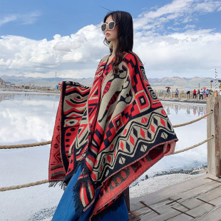 Xizang Travel Slit Shawl Red Warm Thickened Ethnic Style Printed Scarf Women's Cloak Autumn and Winter Wholesale