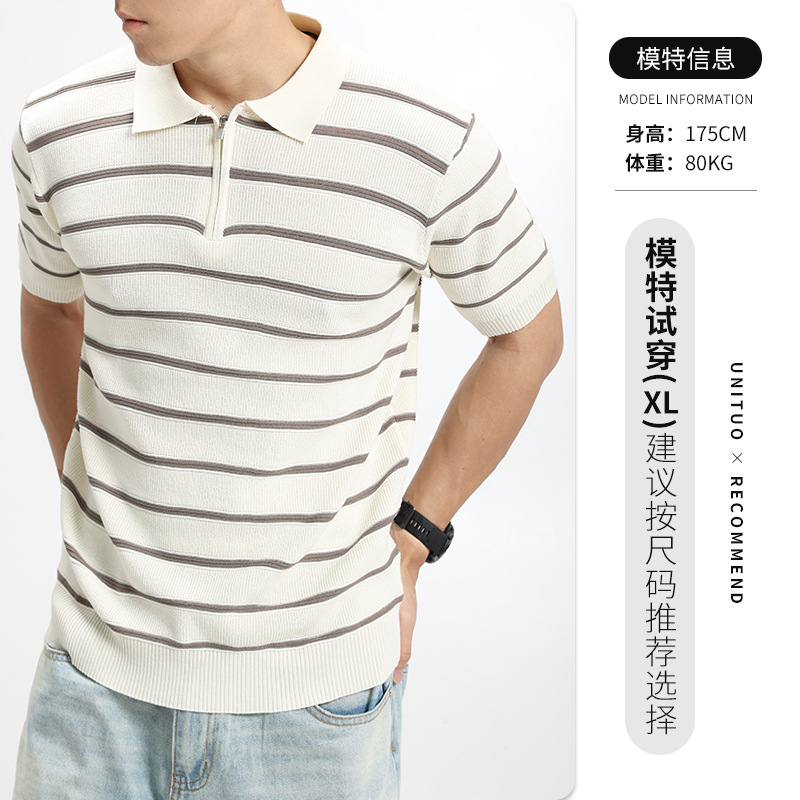 Camiseta de polo de punto a rayas horizontales de alta calidad, semia cremallera, texturizada, camiseta de mangas cortas de viaje de negocios para hombres