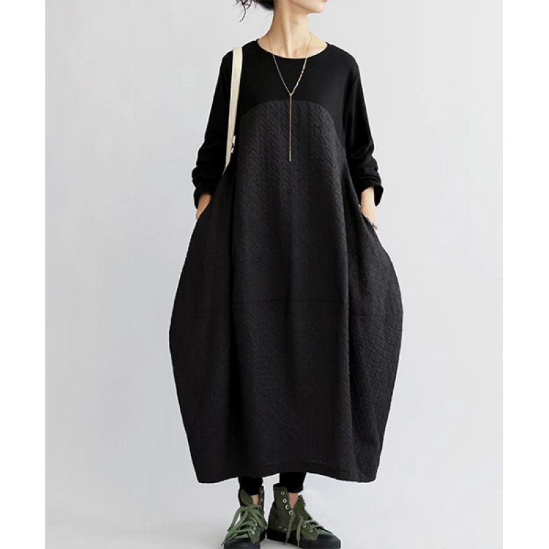 Cross-Border Foreign Trade Japanese Loose Commuter Black Round Neck Long-Sleeved Spliced Concave and Convex Pocket Dress Fake Two-Piece Set Cross-Border Foreign Trade Japanese Loose Commuter Black Round Neck Long-Sleeved Spliced Concave and Convex Pocket Dress Fake Two-Piece Set