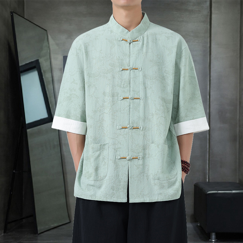 中国风男装唐装汉服短袖衬衫衬衣大码新中式唐装短袖衬衣盘扣上衣