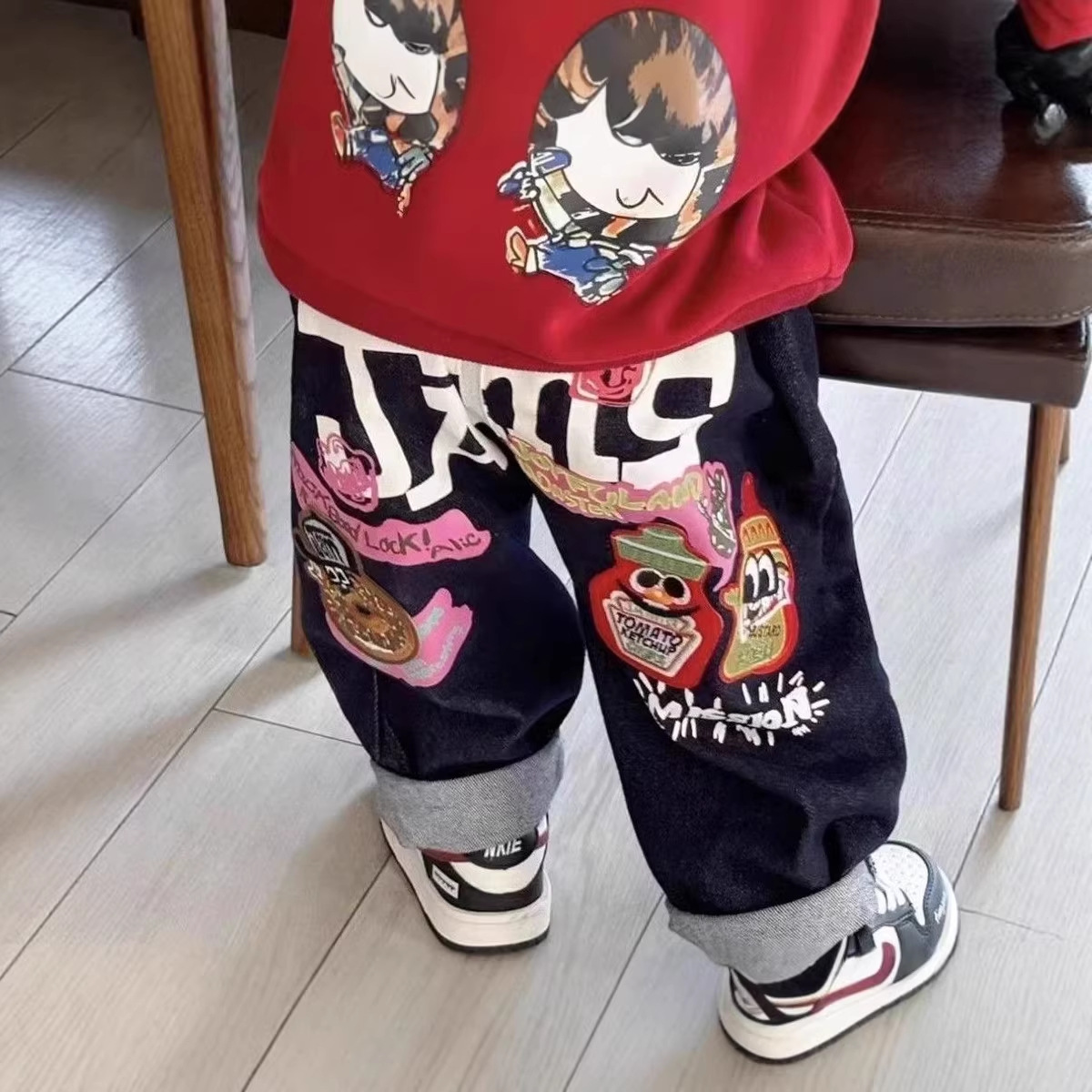 儿童裤子秋季牛仔印花印花裤日系潮流印花牛仔裤百搭设计加绒厚款