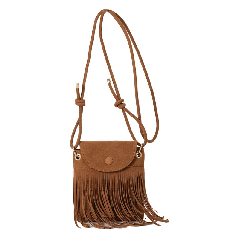 2023 Casual Autumn and Winter Suede Trendy Tassel Retro Hong Kong Style Large Capacity Casual Crossbody Shoulder Small Square Women's Bag