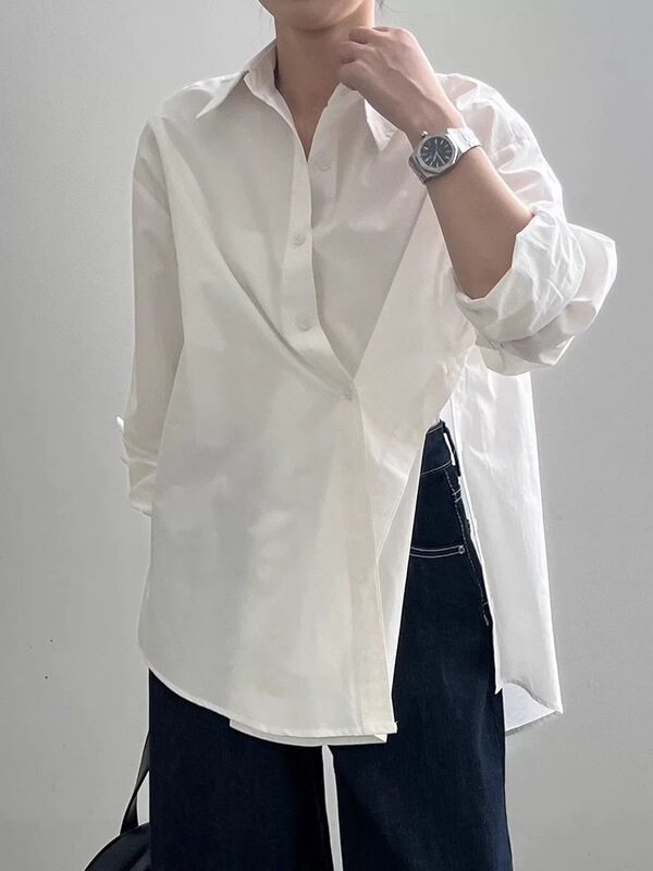 2025秋冬新款韩版不规则侧开叉长袖衬衫女宽松显瘦设计感小众上衣|undefined
