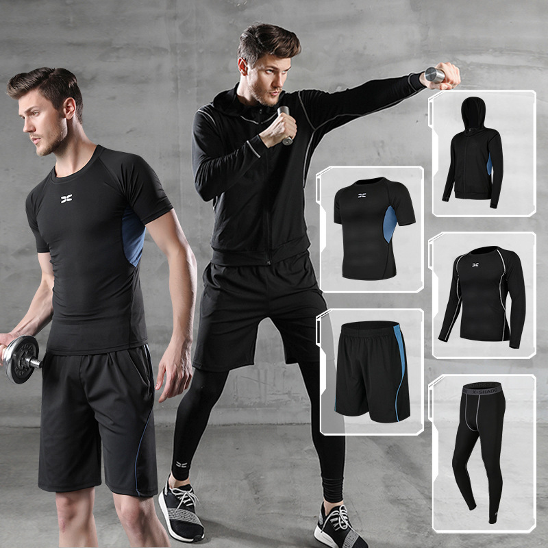 Cross-Border Black Sports Suit Men's Running Fitness Clothing Five-Piece Set Short-Sleeved Jacket T-Shirt Sports Clothes Large Size