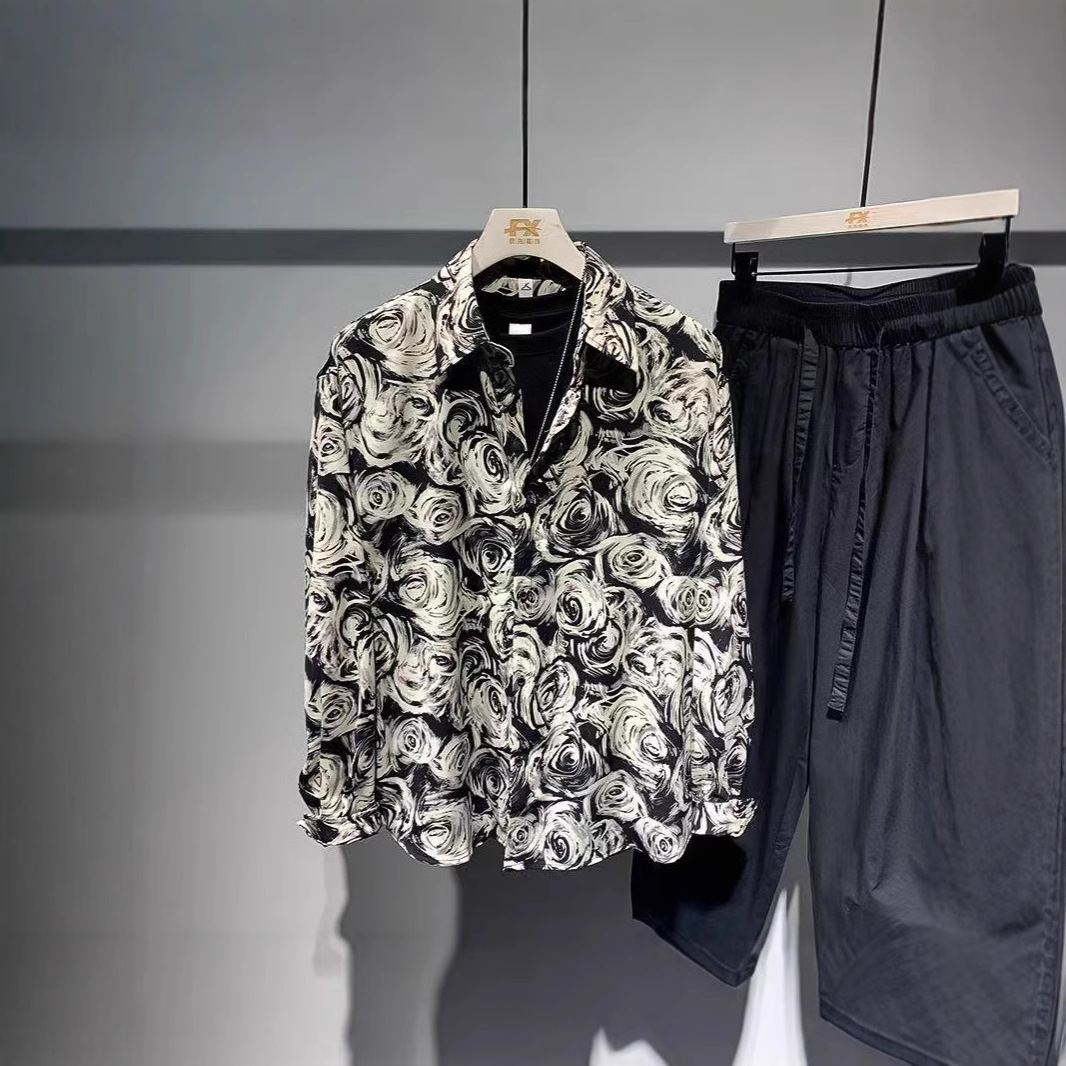 Hong Kong Style Men's Long Sleeve Lapel Floral Shirt 2025 Spring and Autumn New Fashionable Personalized Casual Shirt for Young People