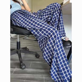 复古港味格子直筒休闲裤小众高腰垂坠感遛弯慵懒阔腿女裤一件代发