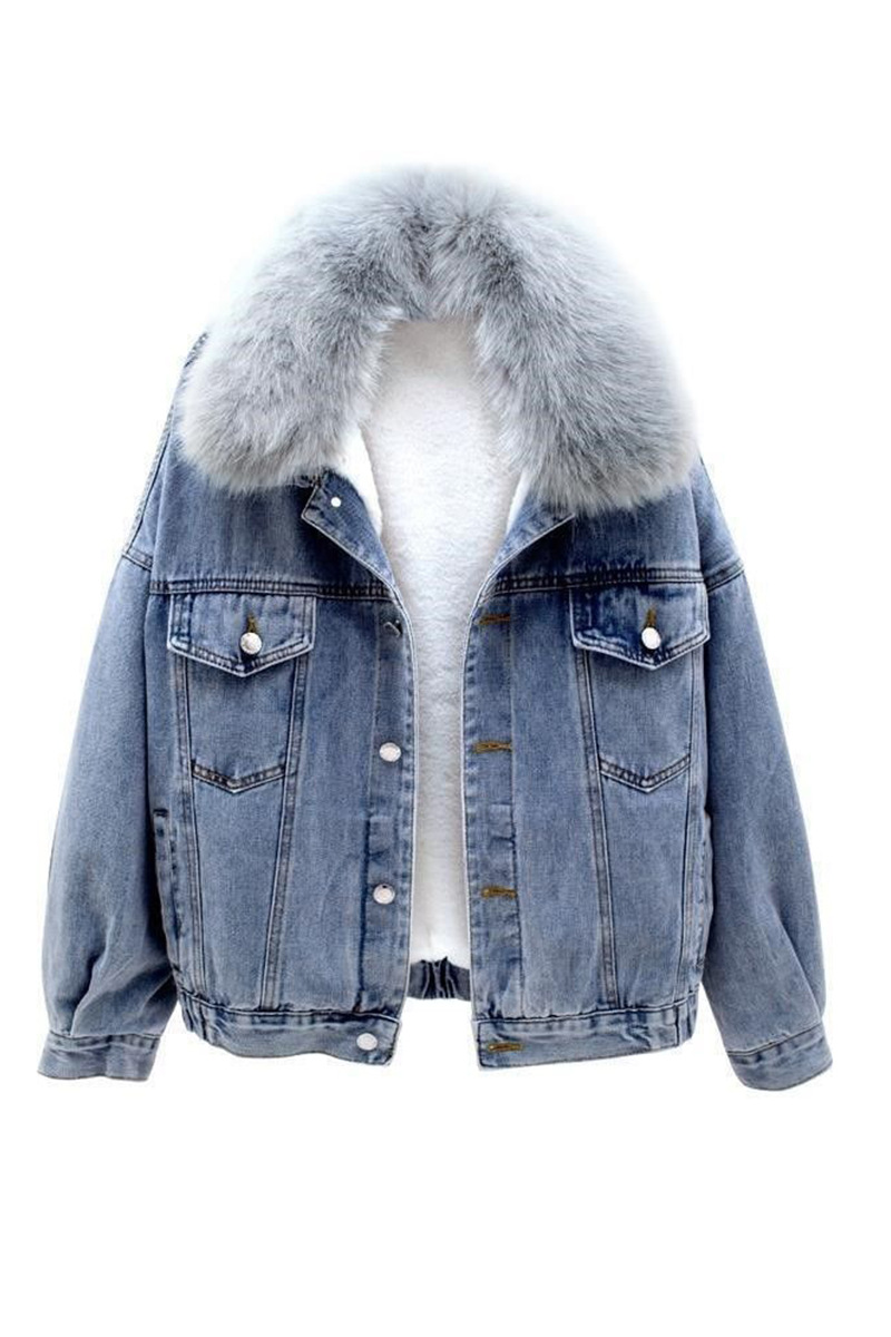 Dameskleding korte denim katoenen jas blauw grijs grote bontkraag plus fluwelen dikke warme katoenen jas top_voghion.com