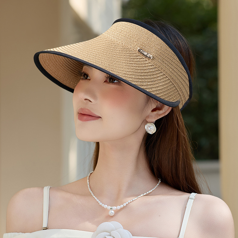 Mũ rơm vành rộng chống tia UV, mái rỗng thoáng khí, phong cách Hàn Quốc — màu be
