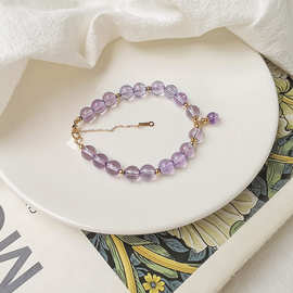 厂家批发乌拉圭紫水晶手链女紫色水晶不掉色14k包金珠子圆珠手串