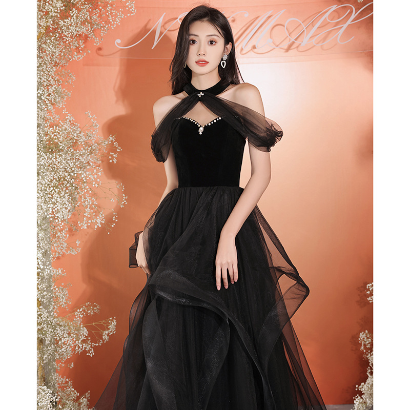 Vestido de noche negro para mujer, de alta gama, ligero y lujoso, exclusivo, ideal para anfitrionas, presentaciones de piano, exámenes de arte vocal, con un toque de sofisticación.