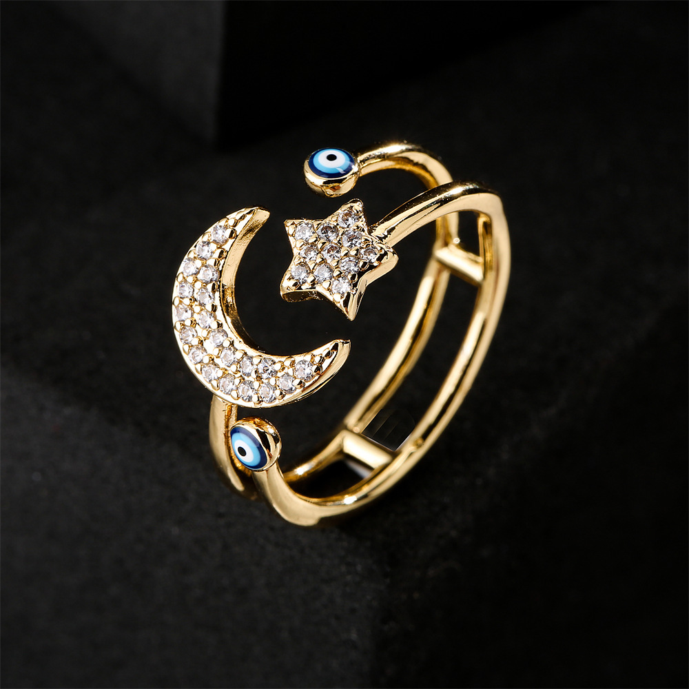 fashion star and moon design geometric opening ring dripping oil devil eye ring jewelrypicture3