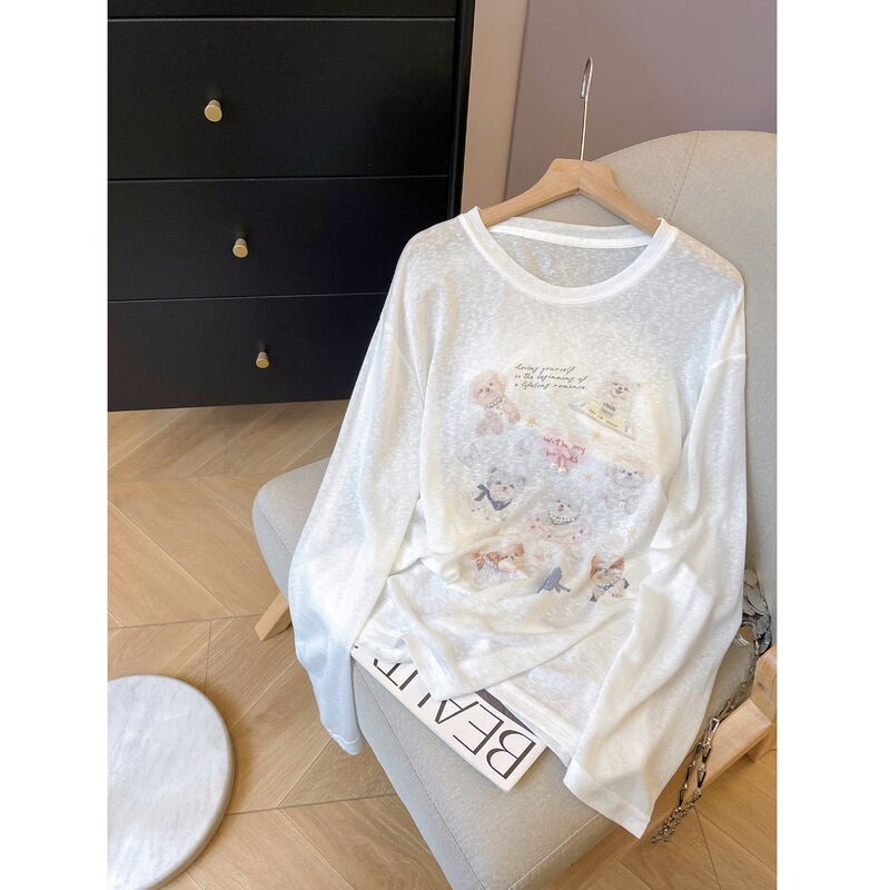 170g Snowflake Tencel 70% Lyocell 30% Polyester】Age-Reducing Beaded Dog Print Sun Protection Cover-Up for Women, Summer Thin T-Shirt 170g Snowflake Tencel 70% Lyocell 30% Polyester】Age-Reducing Beaded Dog Print Sun Protection Cover-Up for Women, Summer Thin T-Shirt