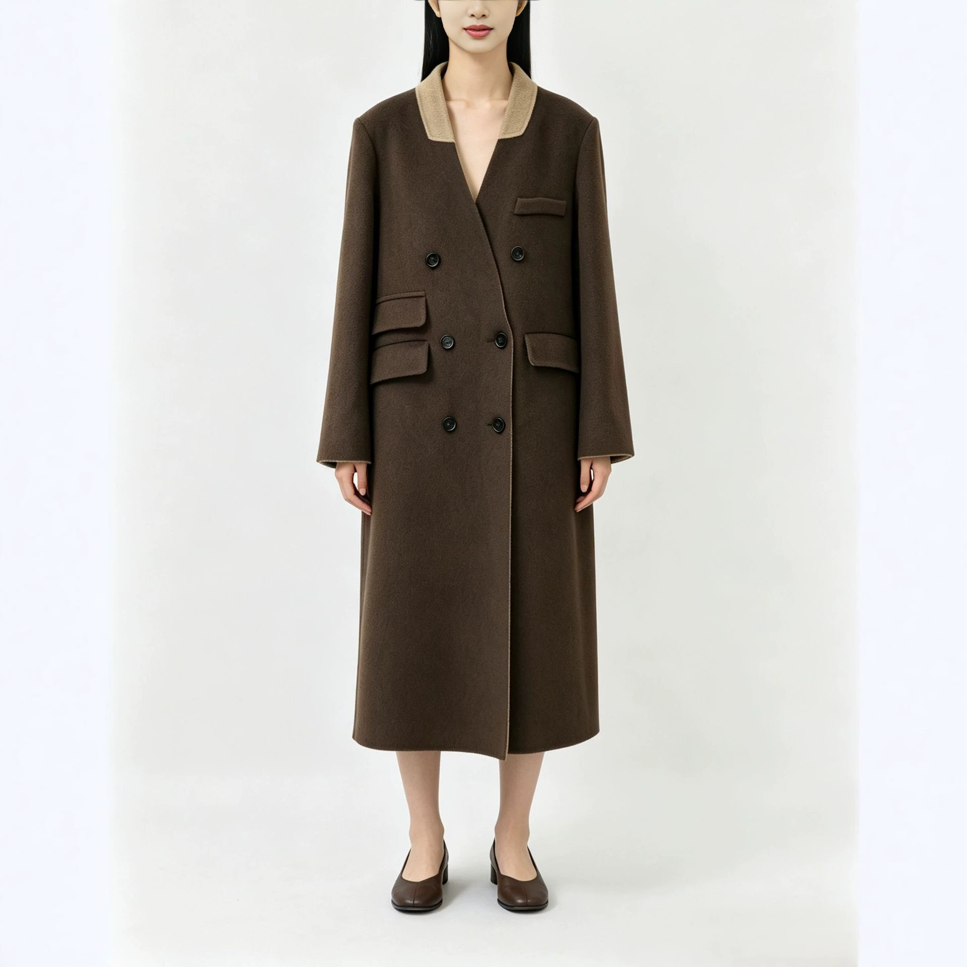 Luxury Double-Breasted Mid-Length Wool Coat for Women, Made with 100% Yak Wool and 100% Camel Wool.
