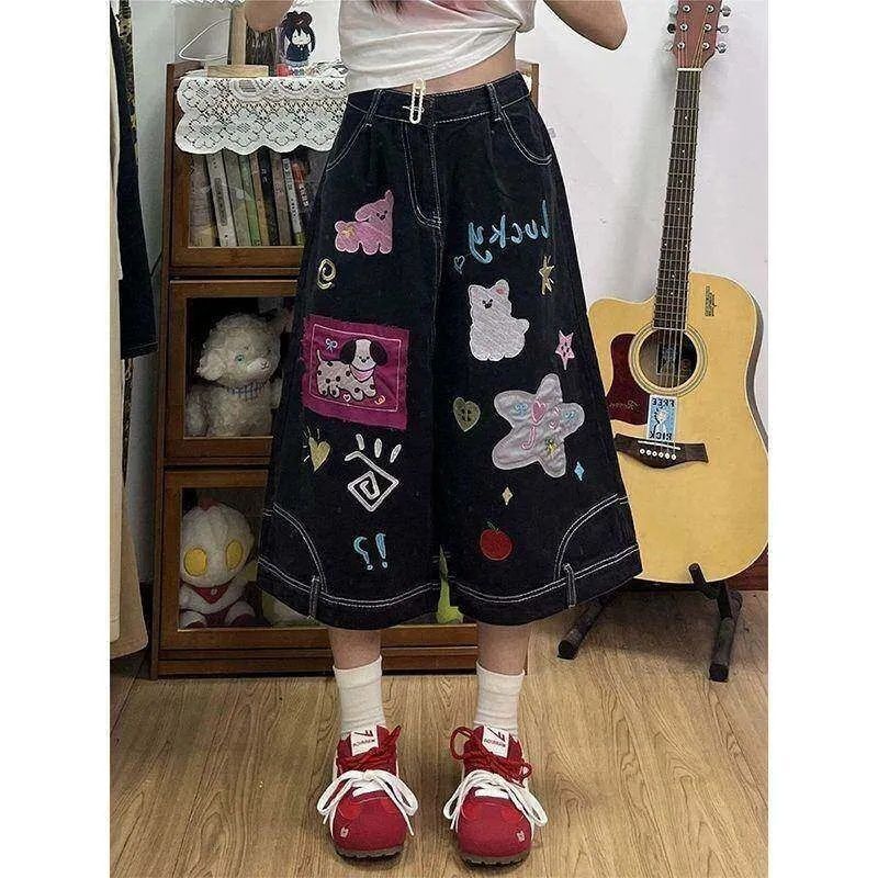 Personalized Cartoon Painting Patch Embroidery Cropped Jeans Summer Fashion Trendy High-End Loose Wide-Leg Pants Personalized Cartoon Painting Patch Embroidery Cropped Jeans Summer Fashion Trendy High-End Loose Wide-Leg Pants