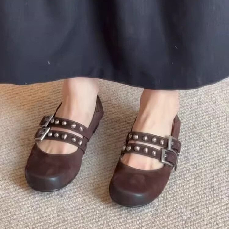 羊皮版~时尚简约铆钉双排扣浅口单鞋女复古真皮圆头平底玛丽珍鞋|undefined