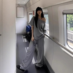 纯棉夏季美式复古印花短袖T恤女气质高腰条纹宽松休闲阔腿裤套装